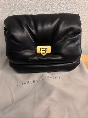 Charles & Keith Paffuto Black Leather Shoulder Bag with Gold Hardware